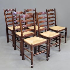 Vintage English Oak Ladderback Chairs With Rush Seats - Set of 8