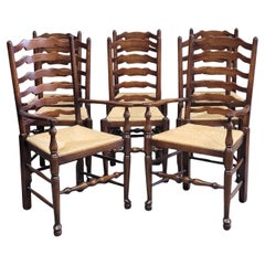 Vintage English Oak Ladderback Chairs With Rush Seats - Set of 8