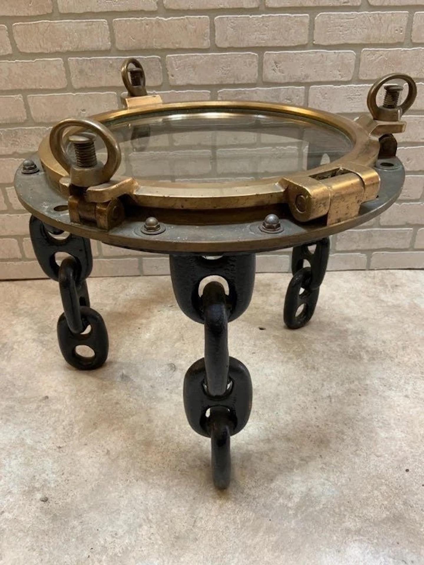 Industrial Vintage Custom Made Nautical Style Brass Voyager Ship Porthole Side Table- Pair
