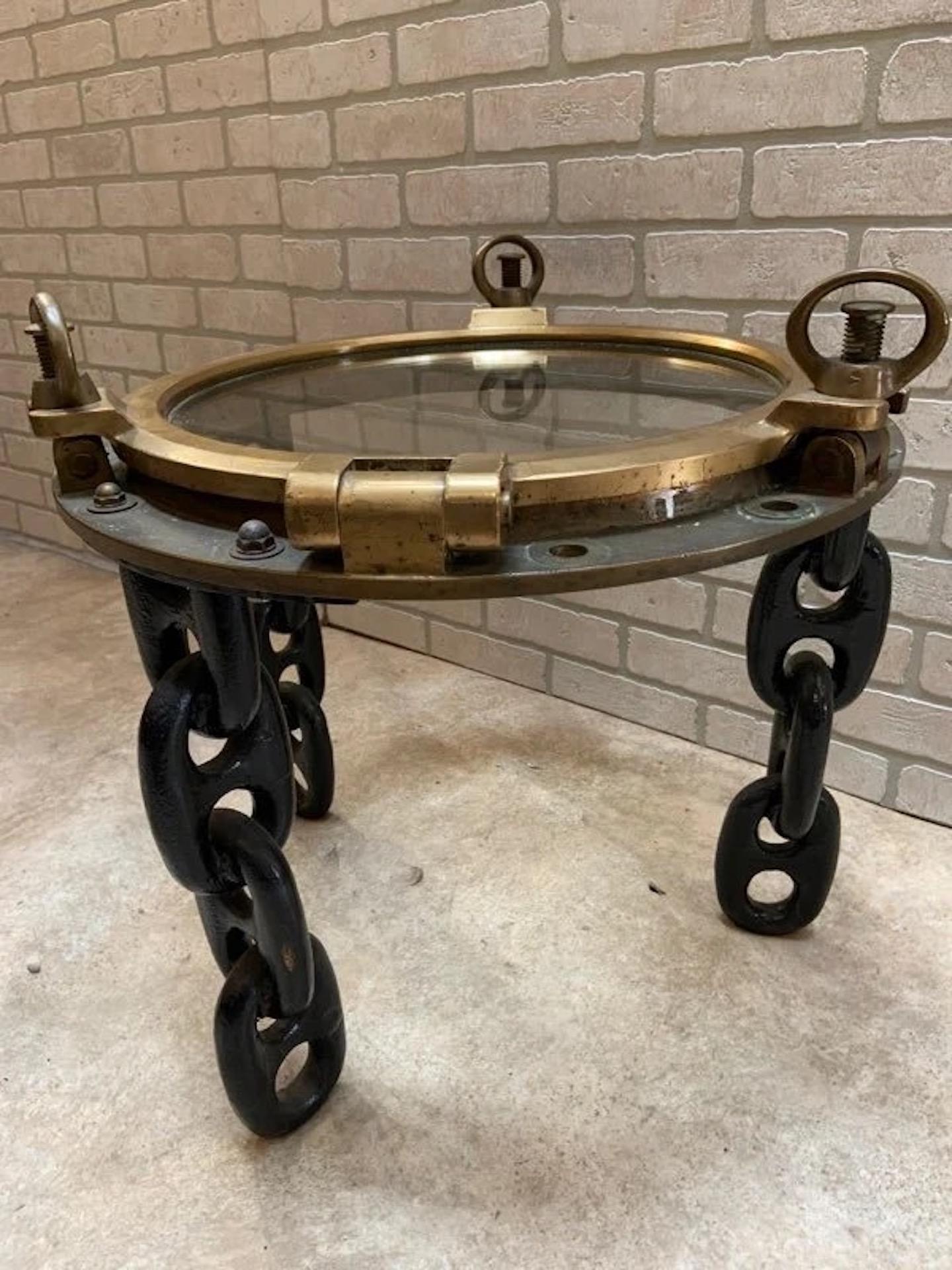 20th Century Vintage Custom Made Nautical Style Brass Voyager Ship Porthole Side Table- Pair