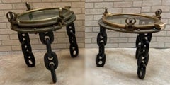 Vintage Custom Made Nautical Style Brass Voyager Ship Porthole Side Table- Pair
