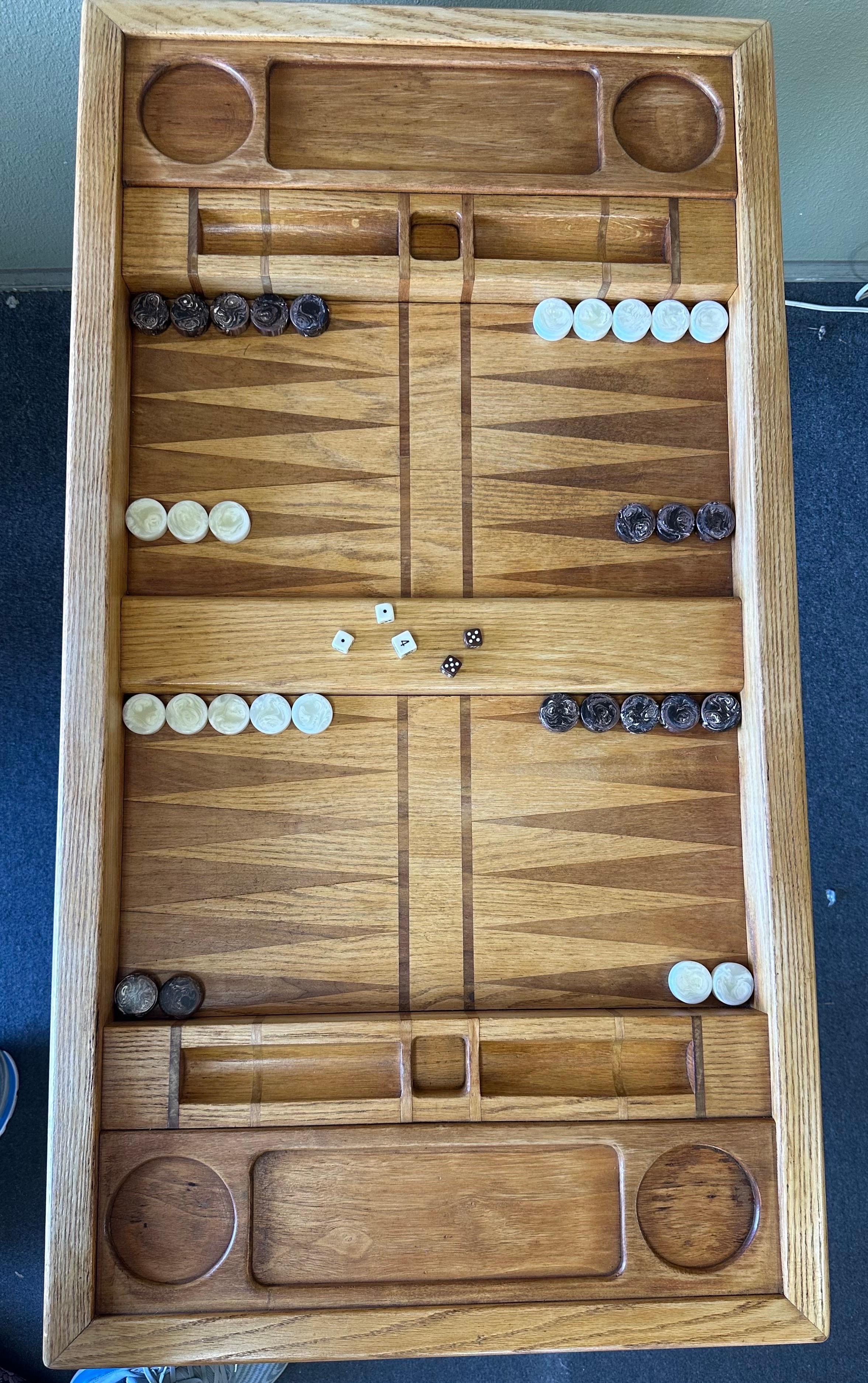 Vintage Custom Made Oak Backgammon Table with Bakelite Checkers 8
