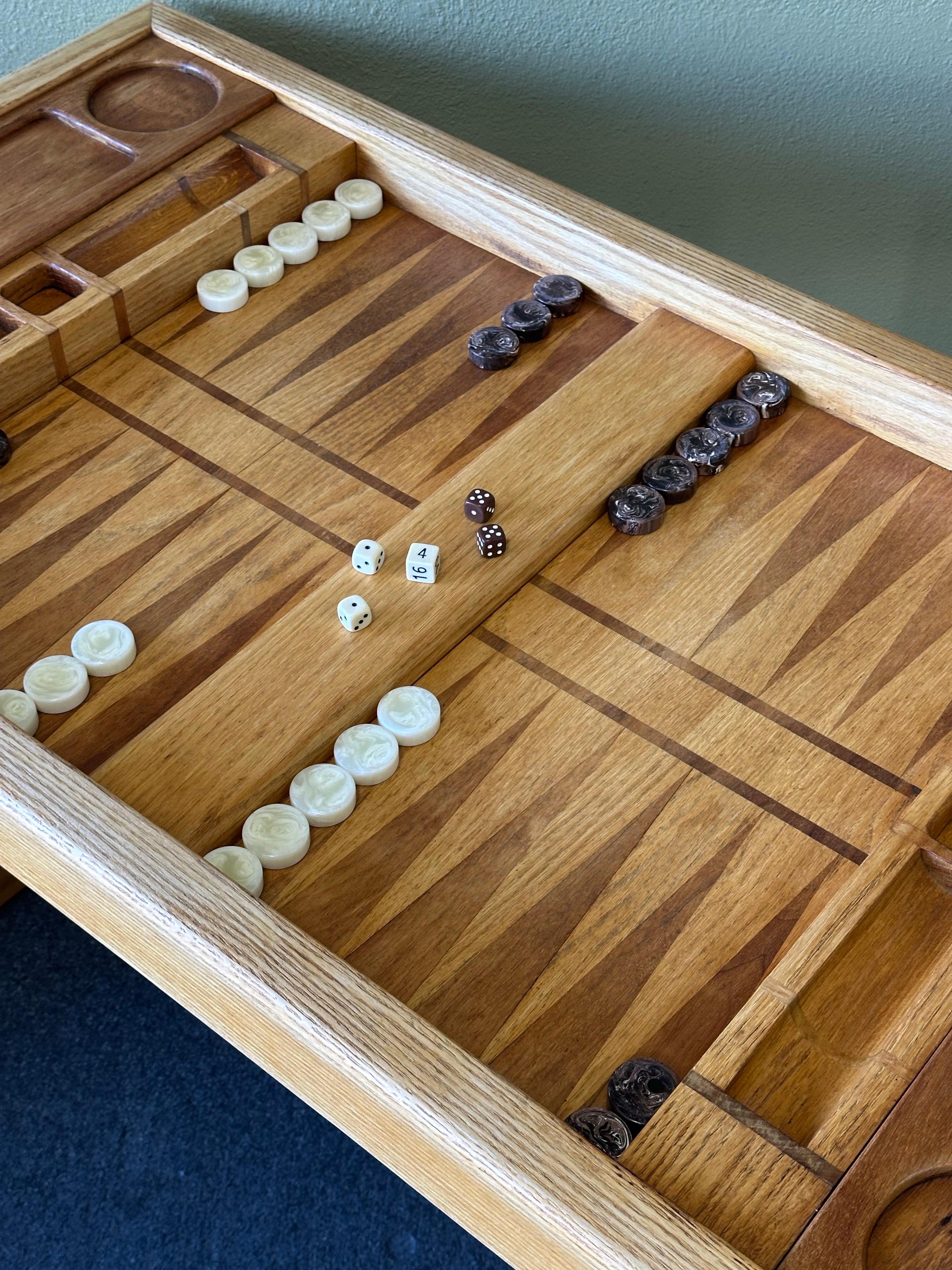 Vintage Custom Made Oak Backgammon Table with Bakelite Checkers 9