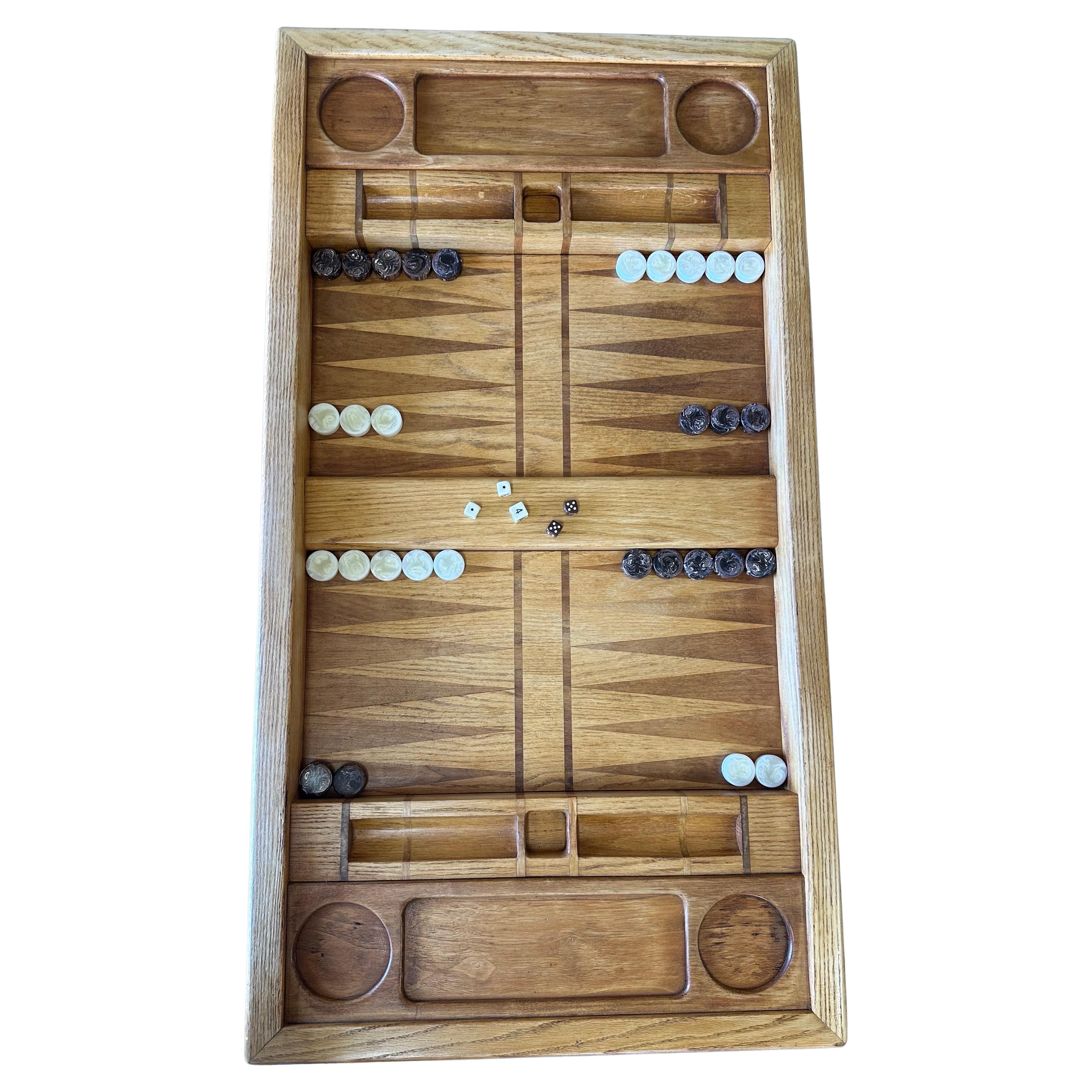 Mid-Century Modern Vintage Custom Made Oak Backgammon Table with Bakelite Checkers