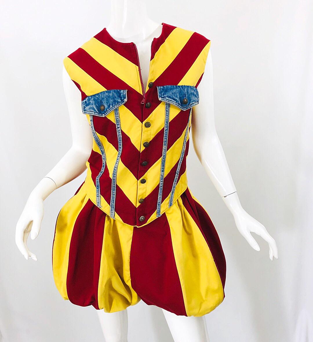 Vintage Custom Made Romper Harlequin Style Burgundy + Yellow + Denim Bloomers In Excellent Condition In San Diego, CA