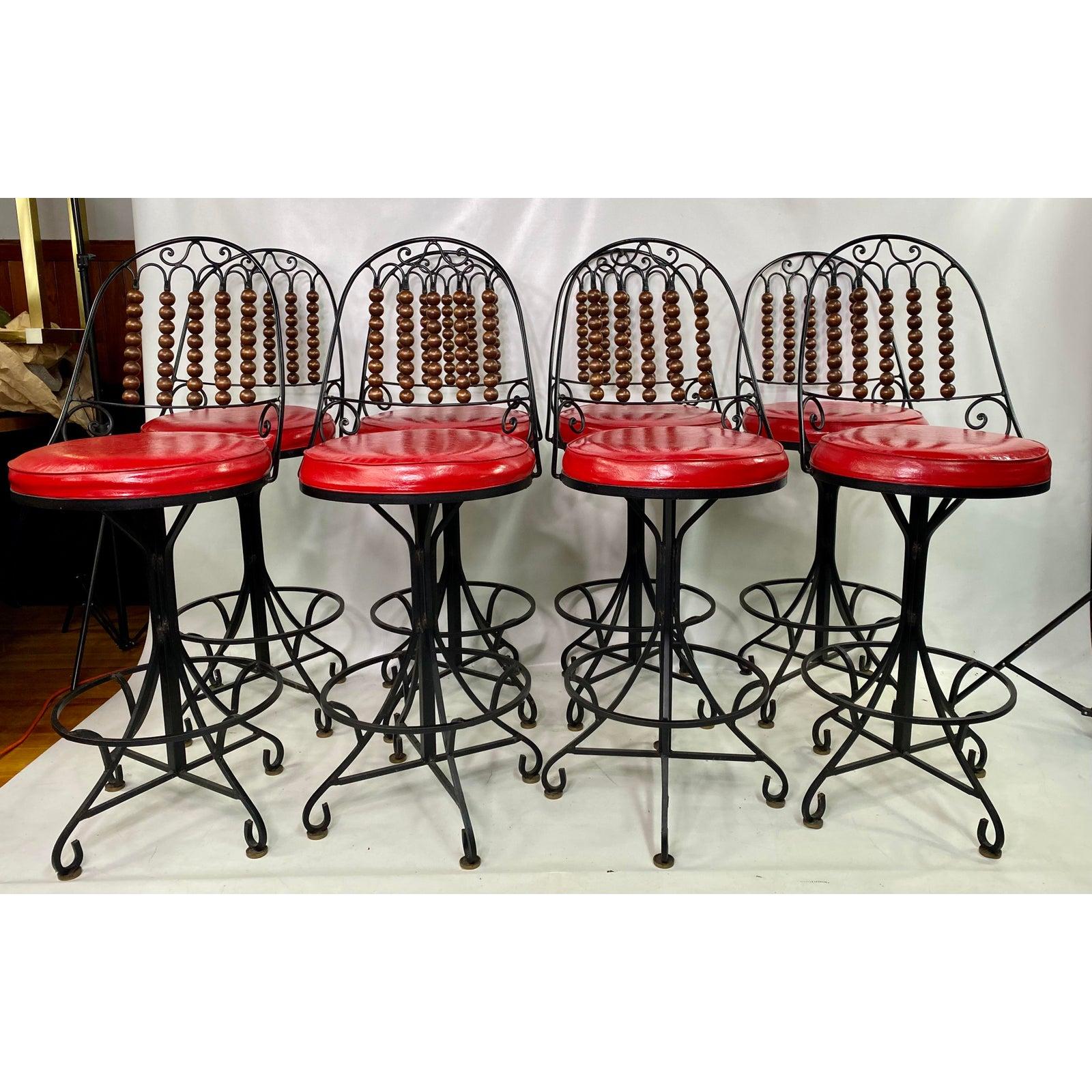 Vintage Custom Made Spanish Revival Wrought Iron Bar Stools, Set of 8 3