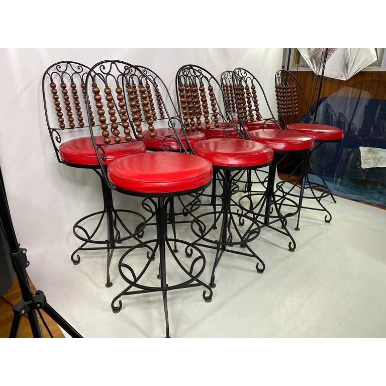 Vintage Custom Made Spanish Revival Wrought Iron Bar Stools, Set of 8