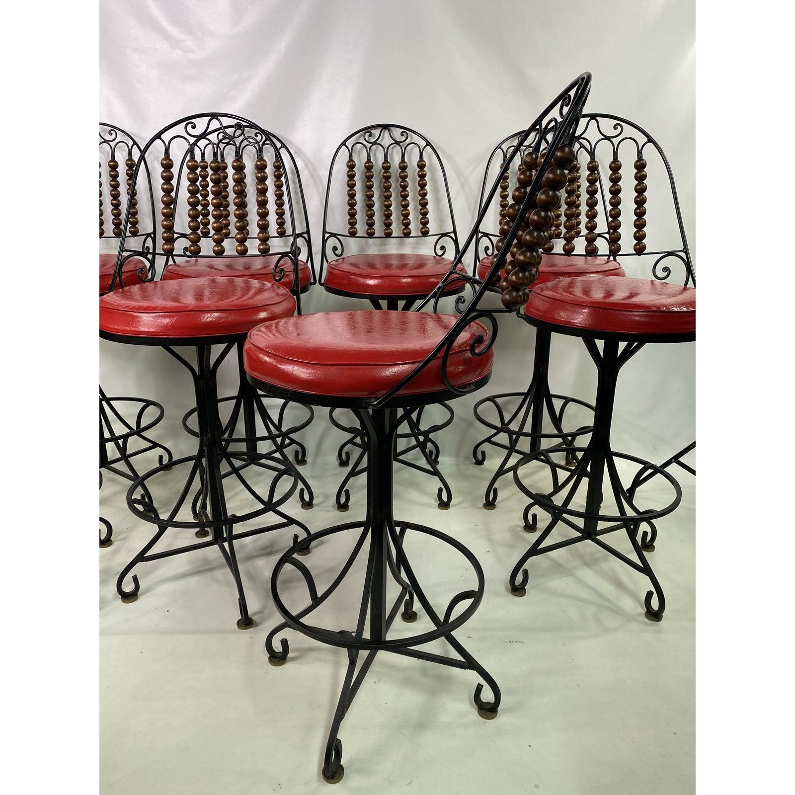 Late 20th Century Vintage Custom Made Spanish Revival Wrought Iron Bar Stools, Set of 8