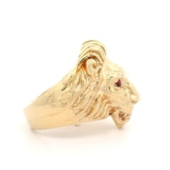 Vintage Custom Men's Solid Yellow Gold Ruby Diamond Detailed Lion Head Ring