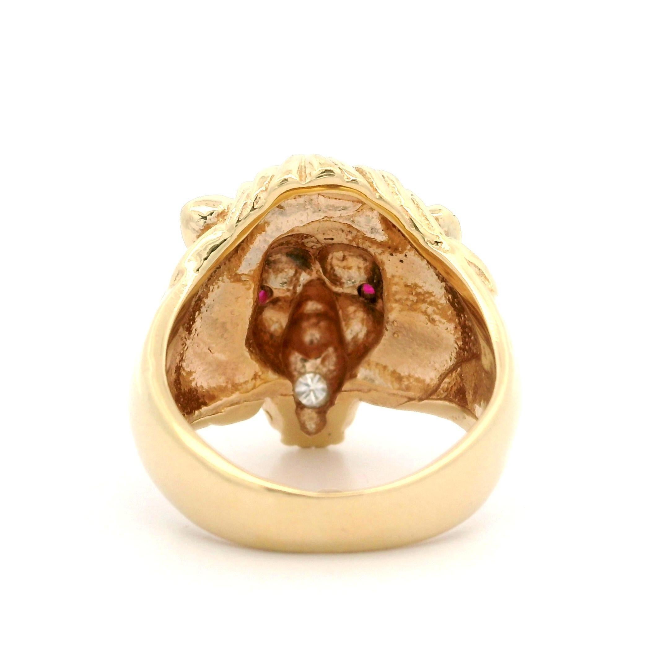 Brilliant Cut Vintage Custom Men's Solid Yellow Gold Ruby Diamond Detailed Lion Head Ring For Sale