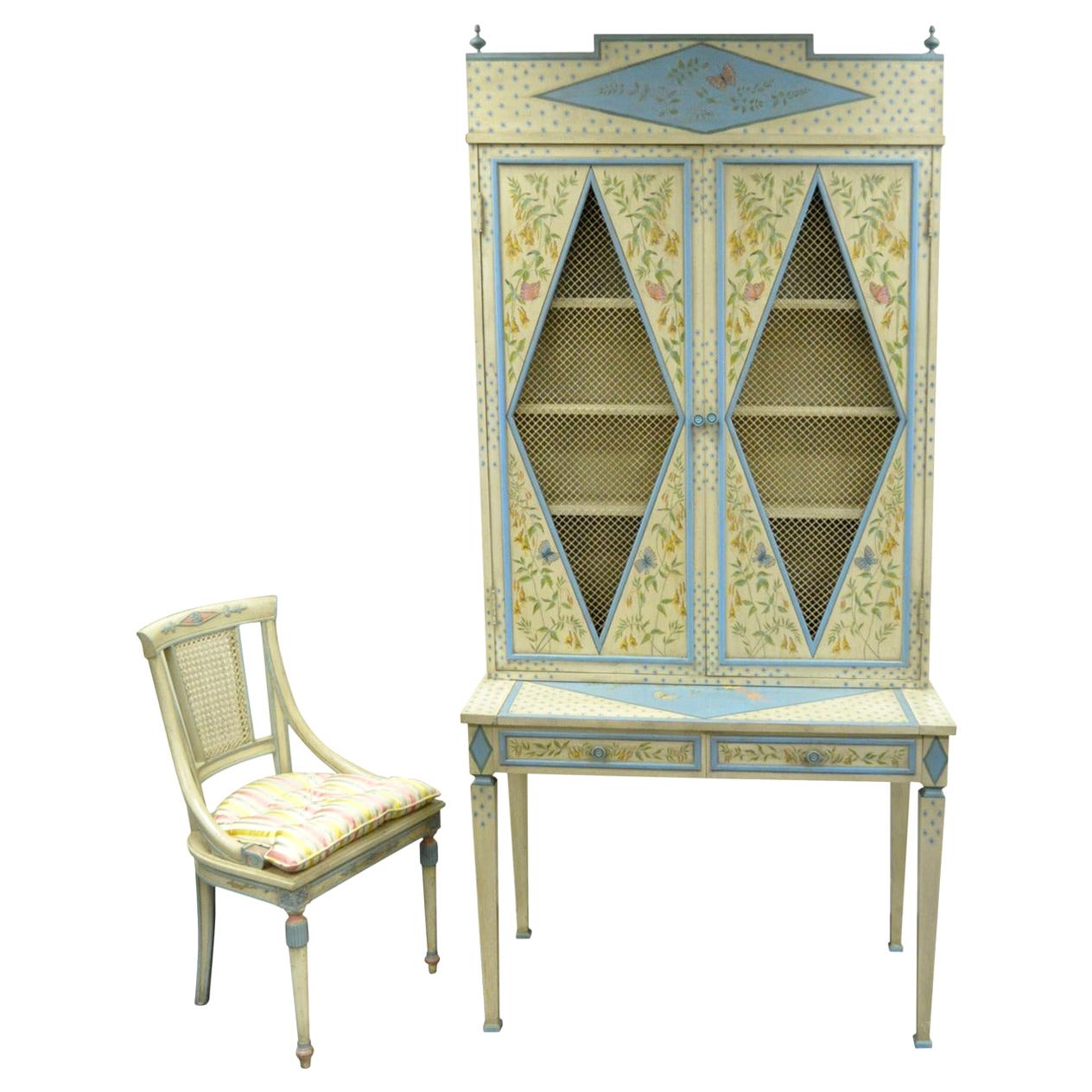 Vintage Custom Painted Italian French Regency Style Tall Secretary Desk & Chair For Sale