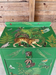 Vintage Custom Painted Tropical Leopard Cabinet With Lion Pull by Local Artist