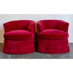 Vintage Custom Red Velvet Swivel Chairs - A Pair