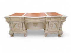 Vintage Custom Venetian Antique Rococo Style Antique White Carved Executive Desk