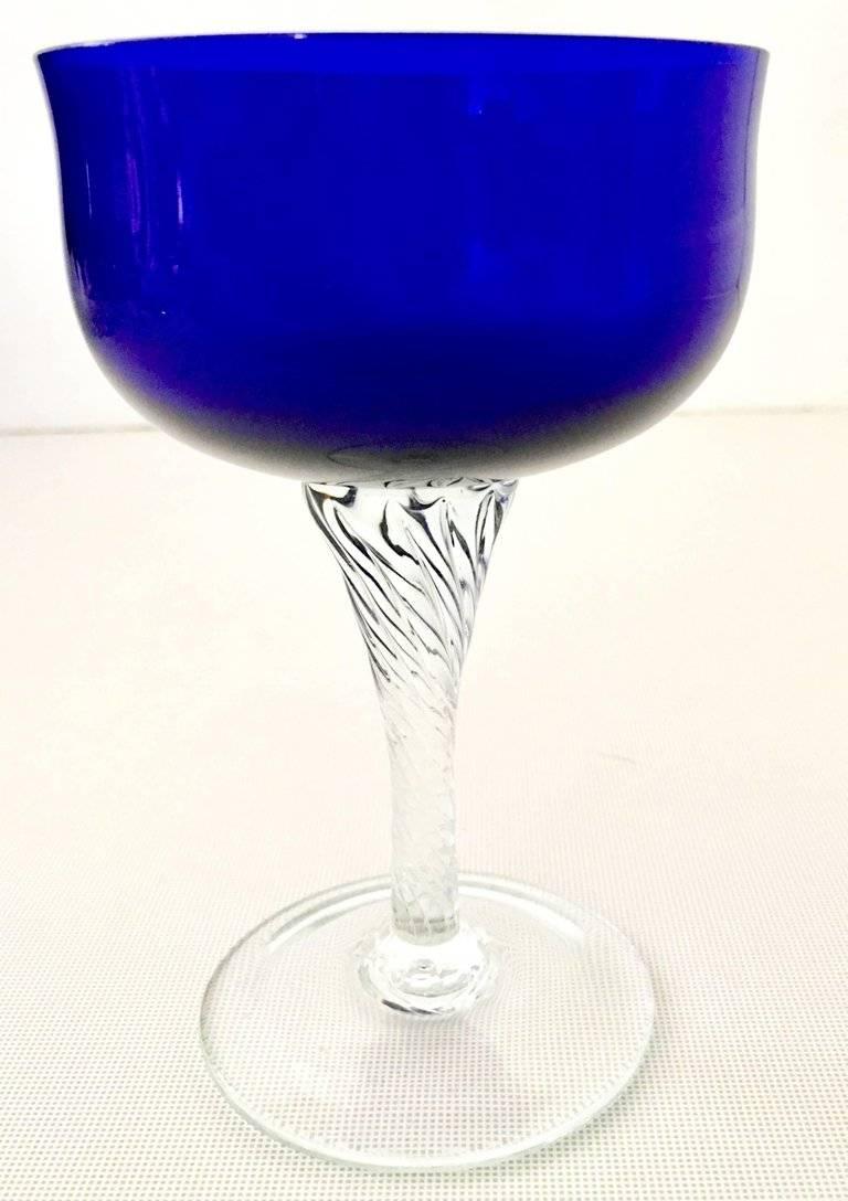 Japanese Vintage Cut Cobalt to Clear Crystal Coupe Glasses, Set/9