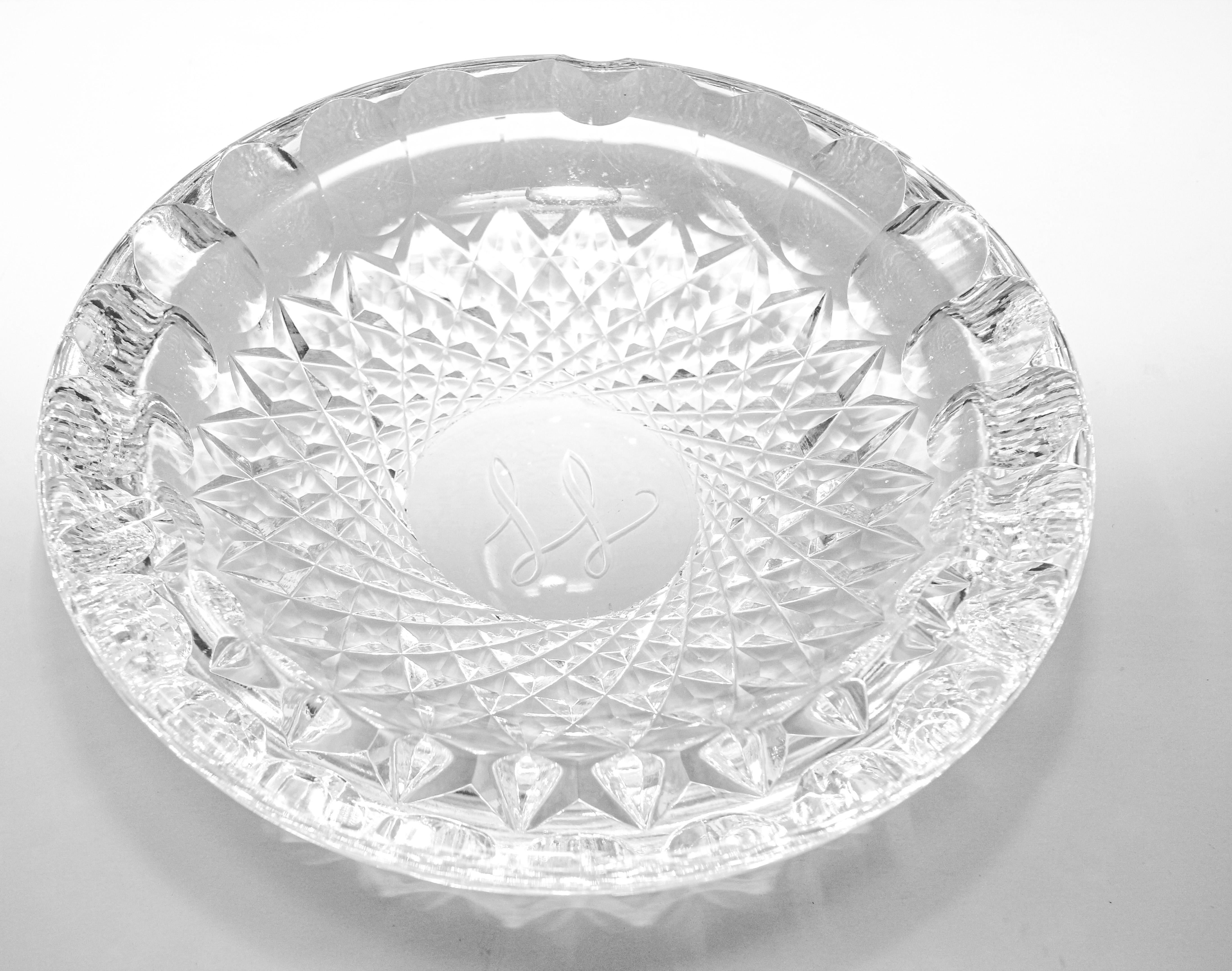 Vintage Cut Crystal Clear Glass Ashtray Monogrammed For Sale 3