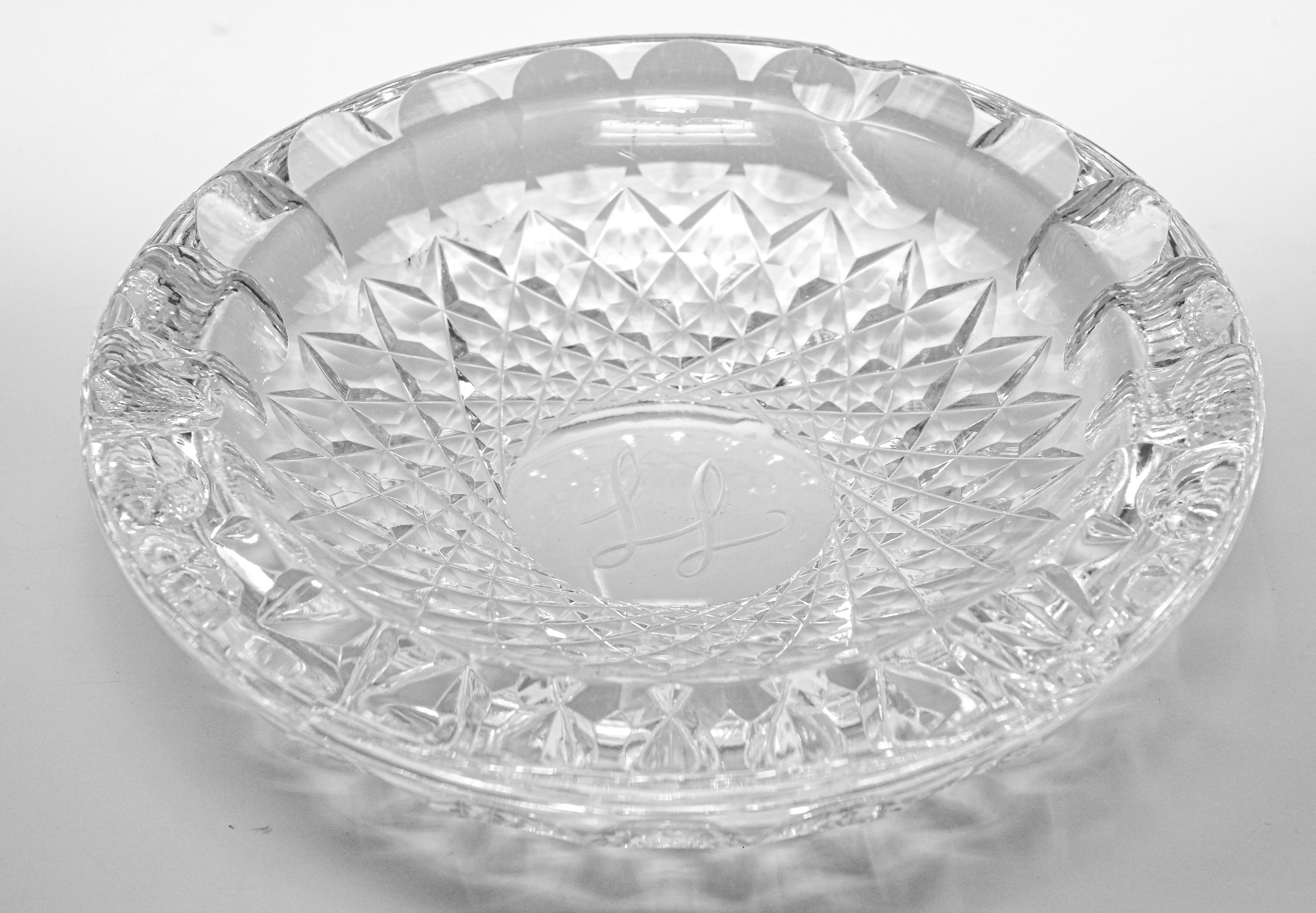 Vintage Cut Crystal Clear Glass Ashtray Monogrammed For Sale 5