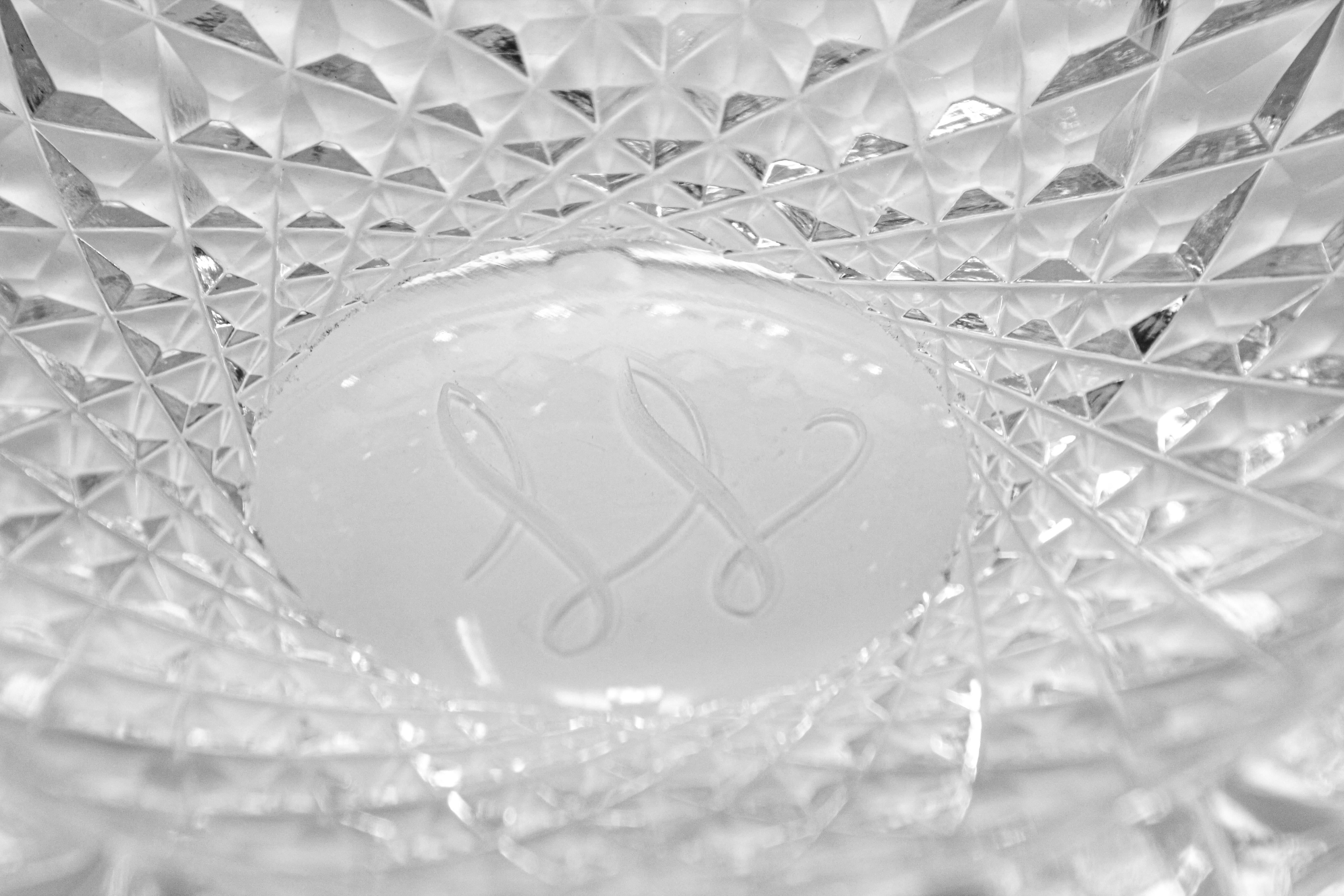 Modern Vintage Cut Crystal Clear Glass Ashtray Monogrammed For Sale