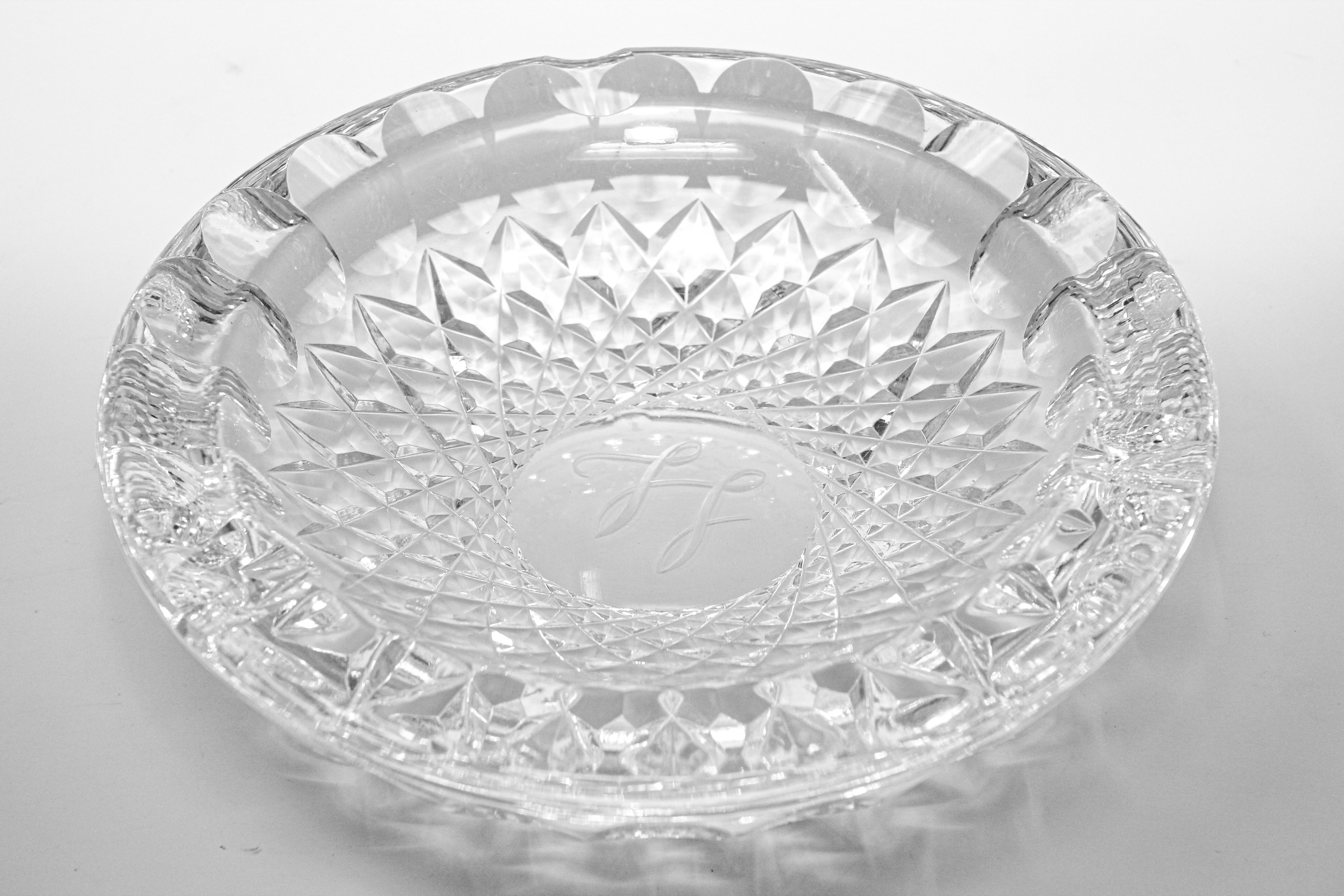 Italian Vintage Cut Crystal Clear Glass Ashtray Monogrammed For Sale