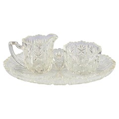 Vintage Cut Crystal Clear Glass Creamer Milk Jug Sugar Bowl Tray