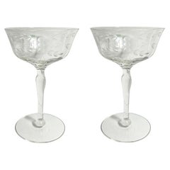 Vintage Cut Crystal Coupe Champagne Glasses with Flower Motif - Set of 2