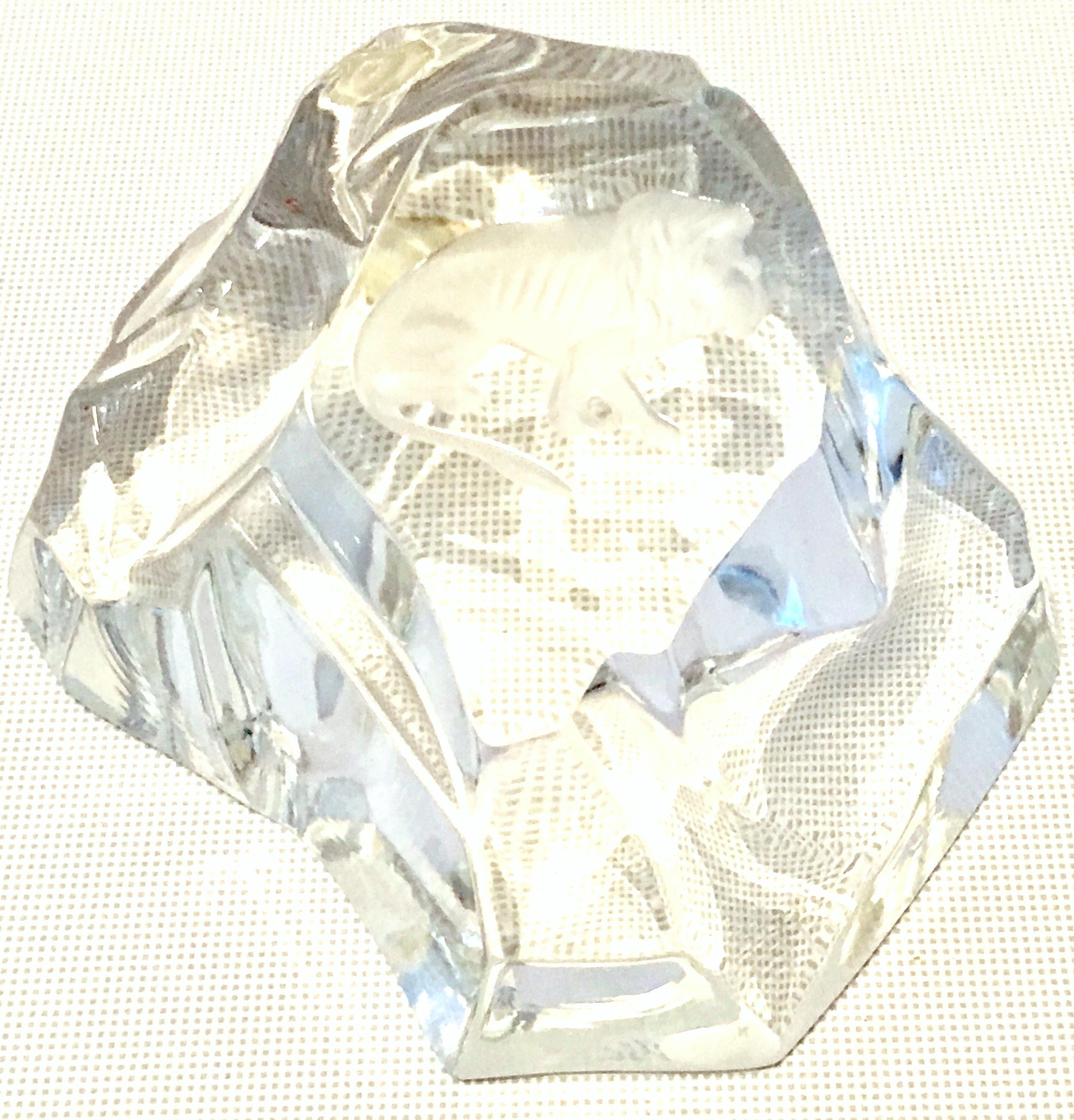Vintage cut crystal organic form paper weight by Val St. Lambert. Features a organic form rock formation with a frosted central lion figure. Signed on the underside, etched as well as the original Val St. Lambert manufactures gold seal sticker is