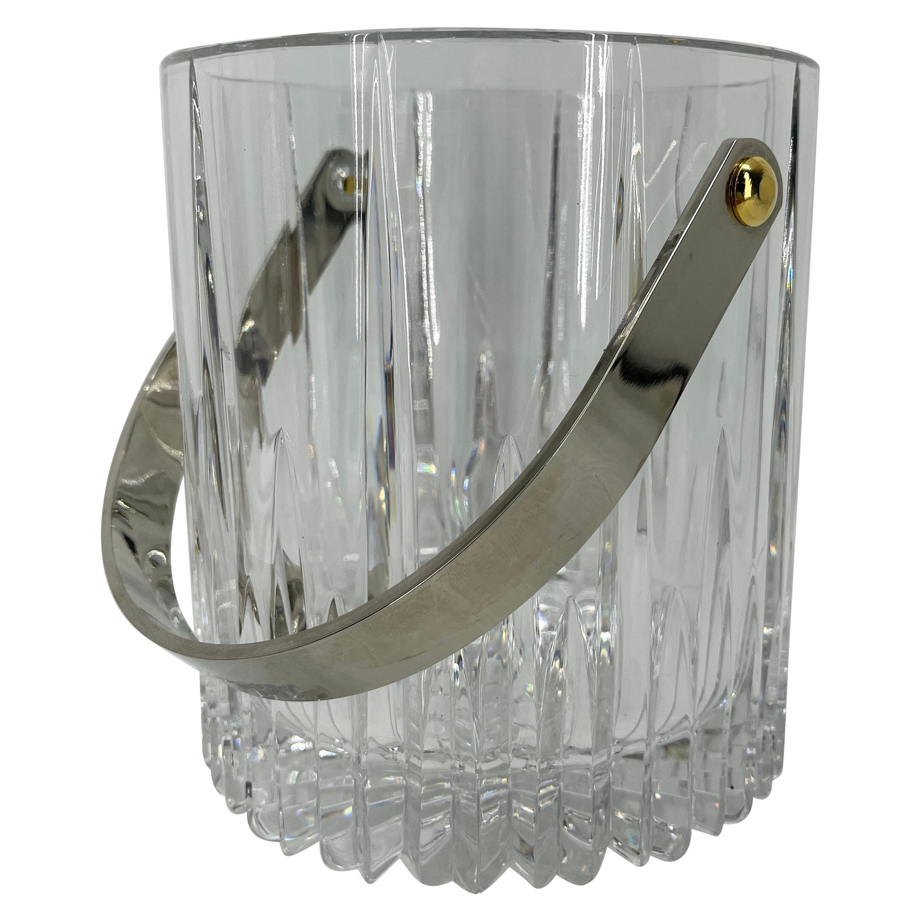 Vintage Cut Crystal Ice Bucket with Polished Chrome Handle