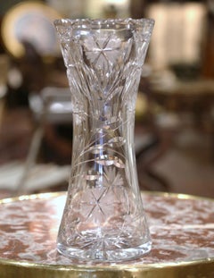 Vintage Cut Crystal Trumpet Vase with Frosted and Etched Leaf and Floral Motifs