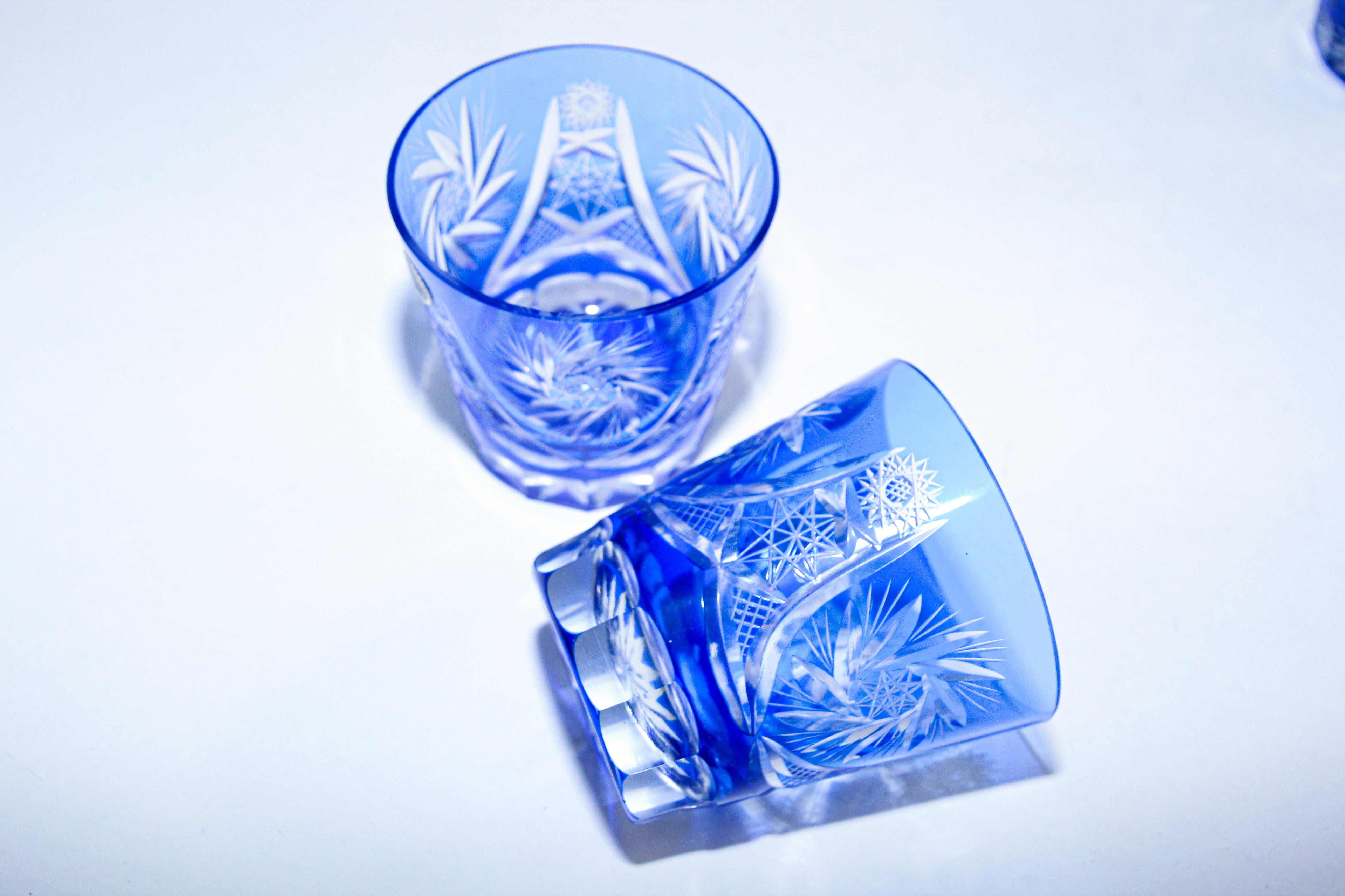 20th Century Vintage Cut Crystal Whiskey Glass Tumbler Baccarat Sapphire Blue