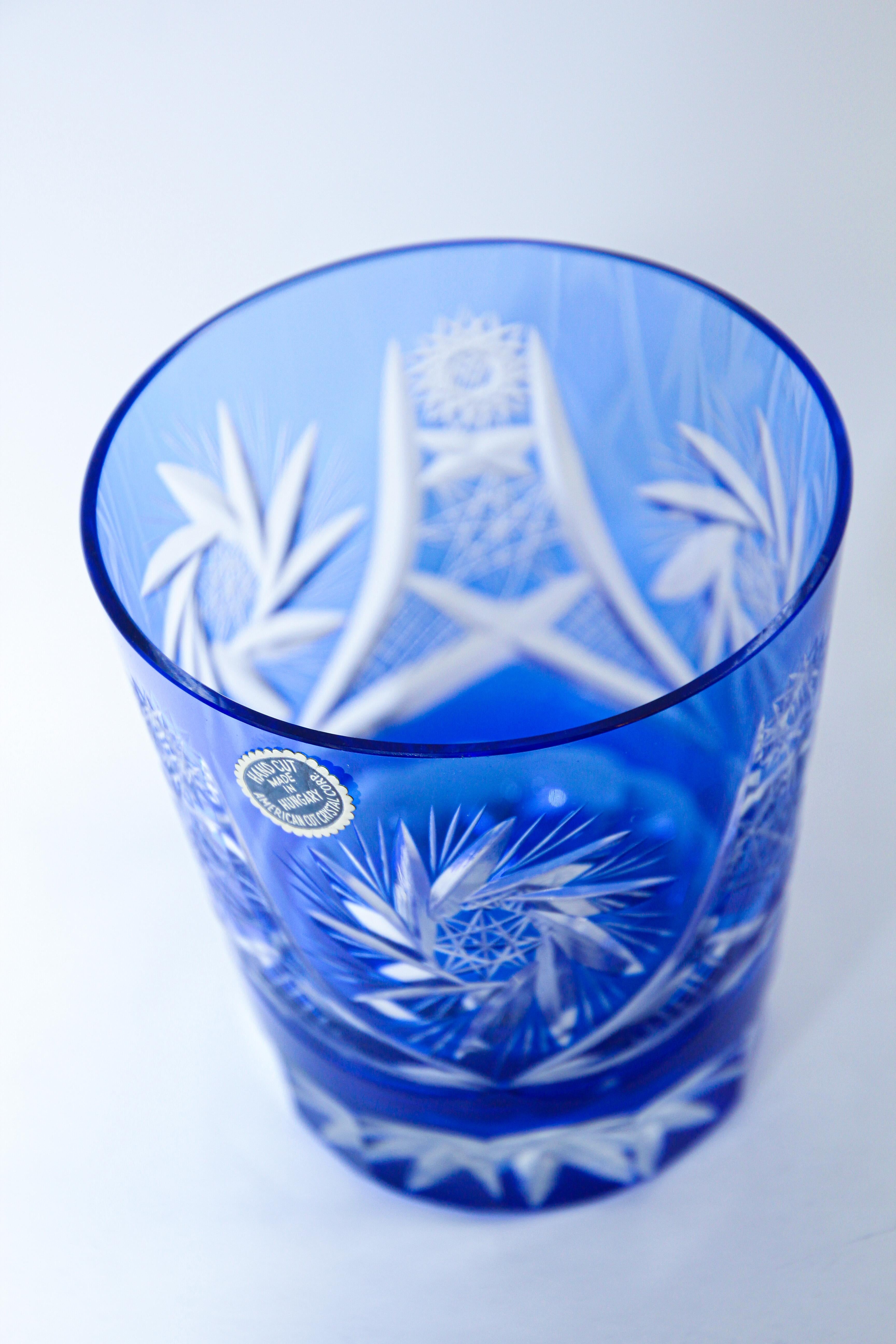 Hungarian Vintage Cut Crystal Whiskey Glass Tumbler Baccarat Sapphire Blue