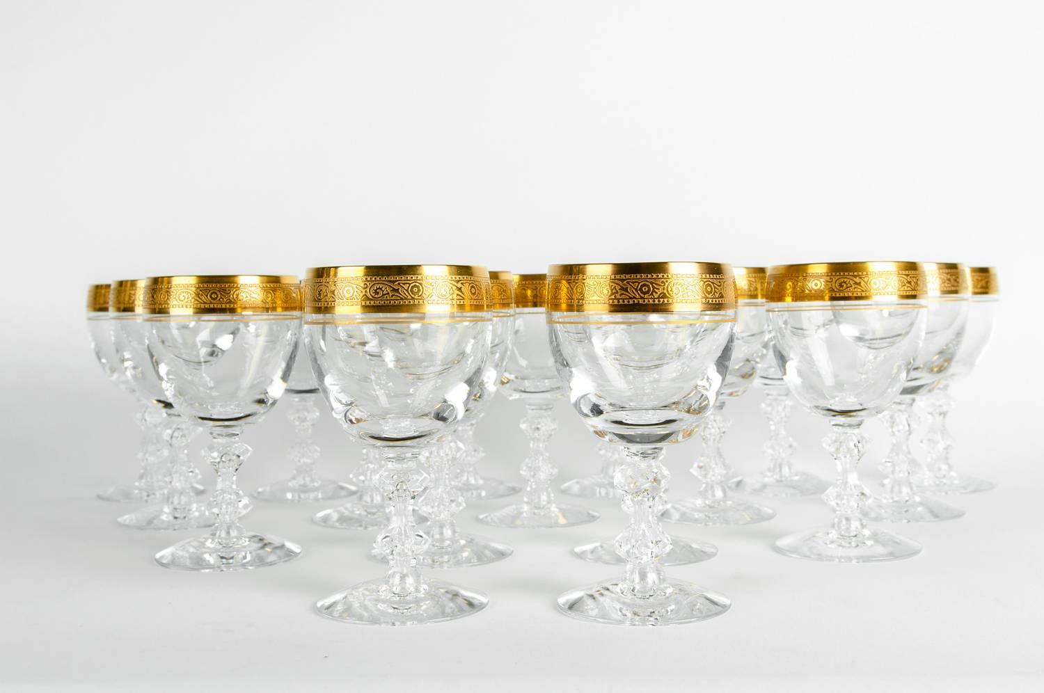 Vintage cut crystal with 24-karat gold design top wine/water glassware set of 12 pieces. Each glass is in excellent condition. Each glass measure 5 inches high X 2.5 inches top diameter.