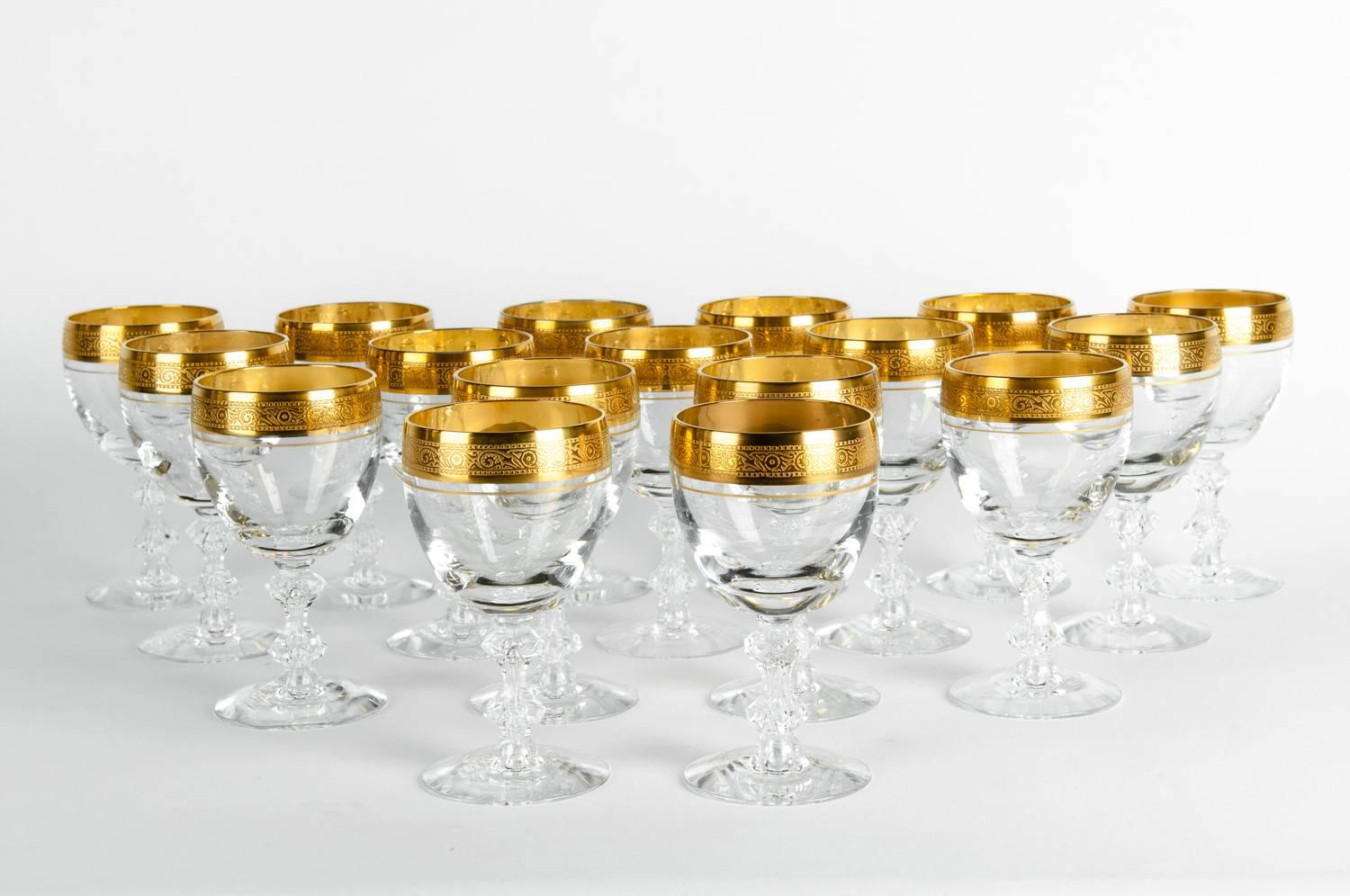 Vintage Cut Crystal with Gold Design Top Wine/Water Glassware Set In Excellent Condition In Tarry Town, NY