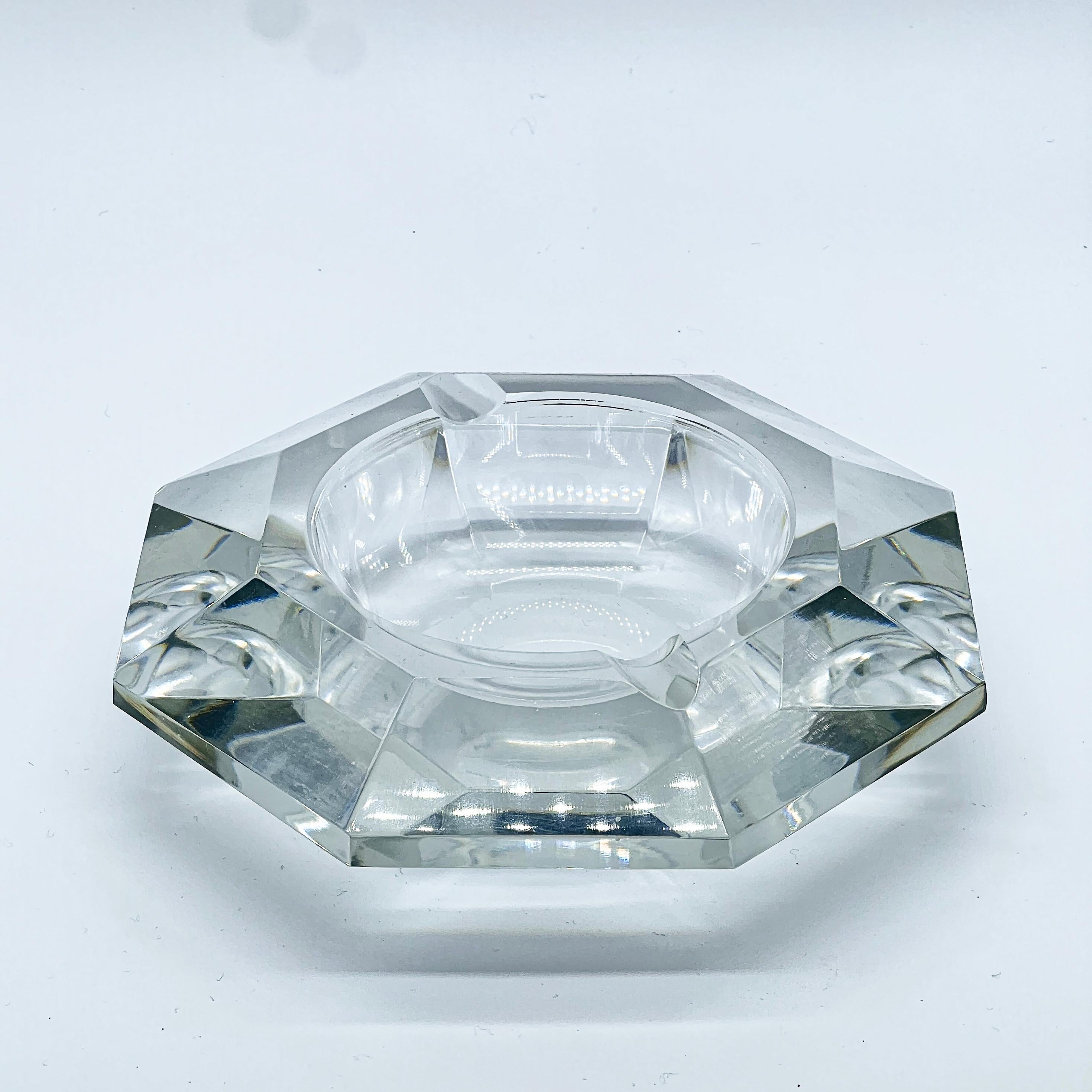 French Vintage Cut Glass Ashtray, Diamond Shape, Clear Crystal, Mid Century Modern For Sale