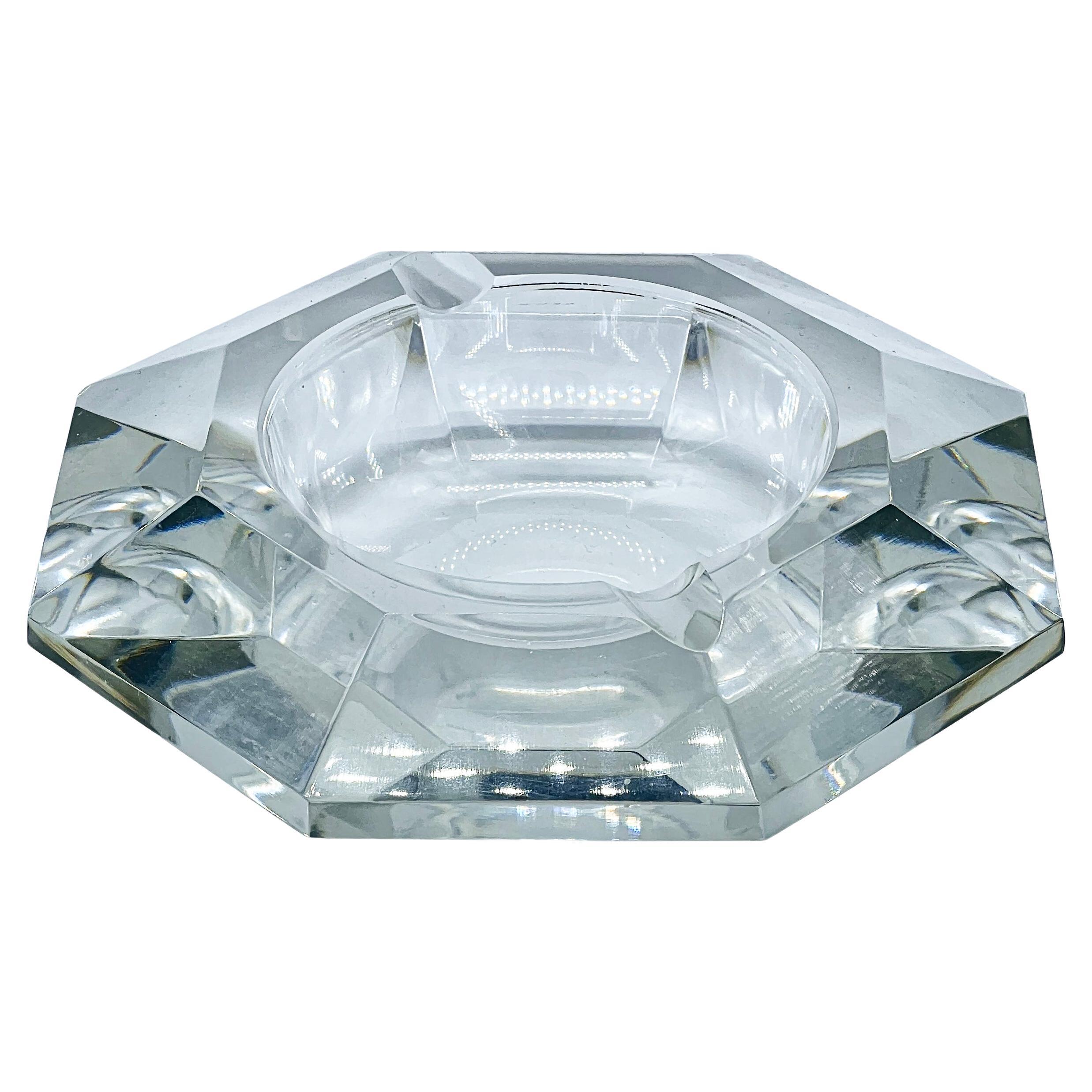 Vintage Cut Glass Ashtray, Diamond Shape, Clear Crystal, Mid Century Modern For Sale