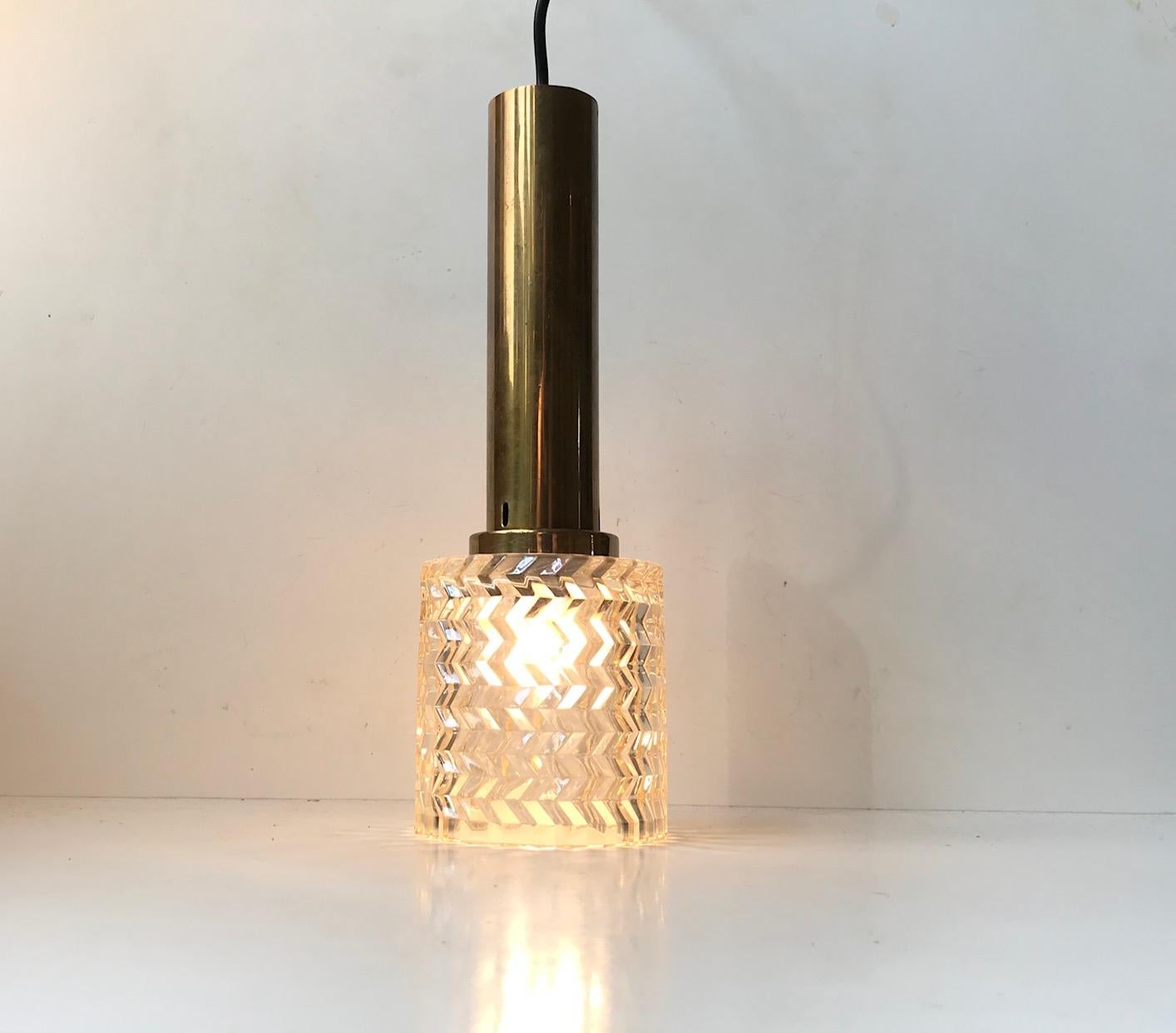 Mid-Century Modern Vintage Cut Glass and Brass Pendant Lamp from Orrefors, 1960s For Sale