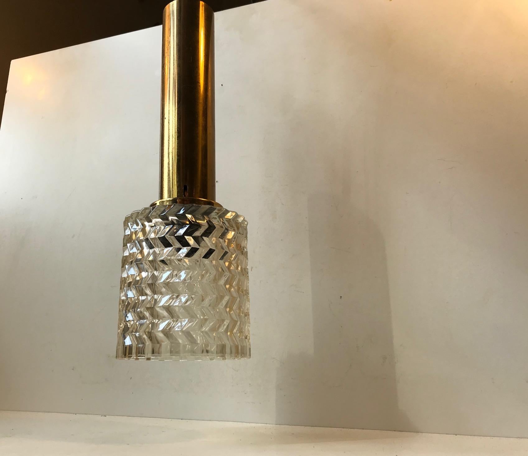 Mid-20th Century Vintage Cut Glass and Brass Pendant Lamp from Orrefors, 1960s For Sale