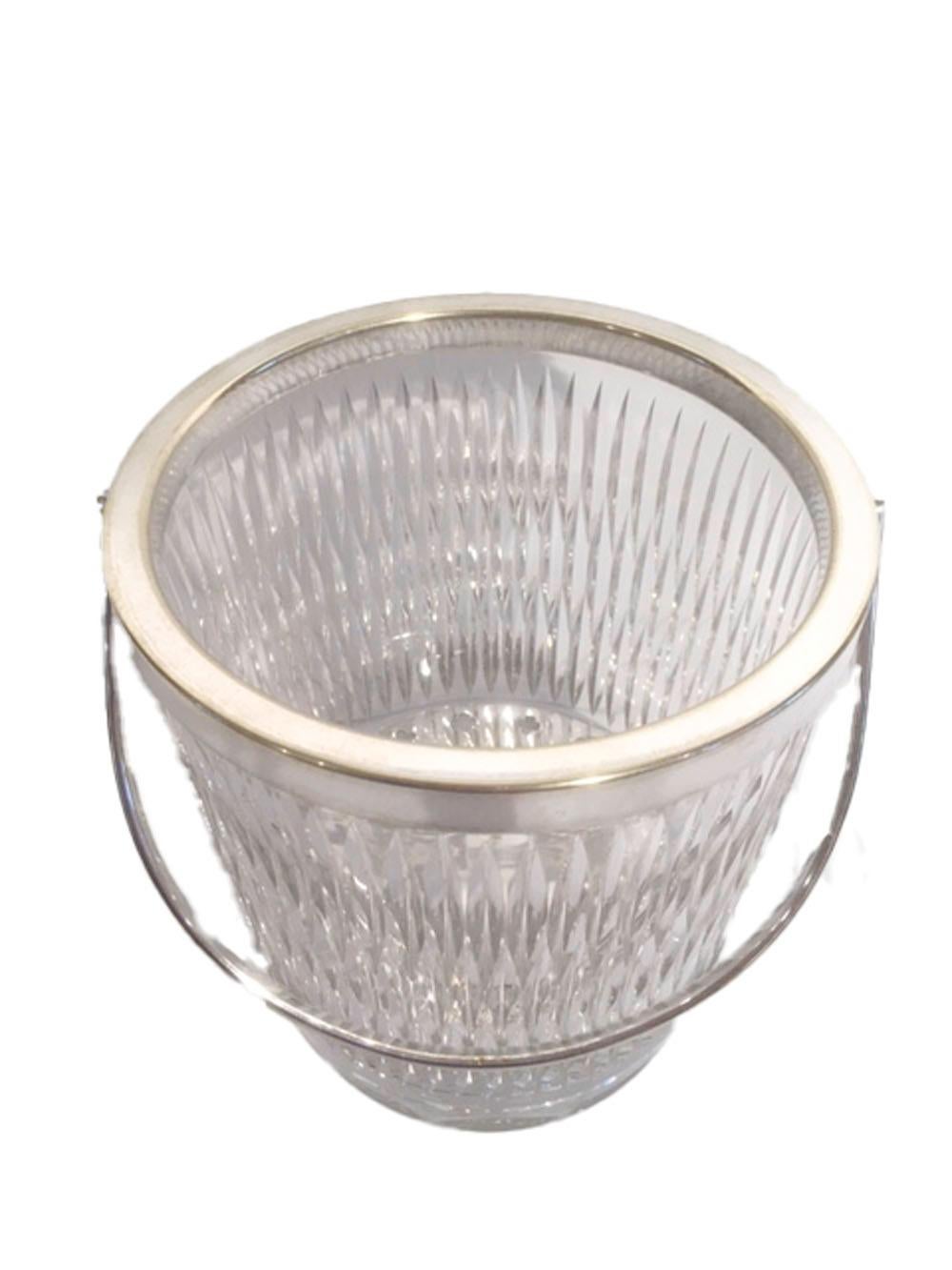 Mid-Century Modern Vintage Cut Glass Ice Bucket of Pail-Form with Silver-Plate Rim and Handle