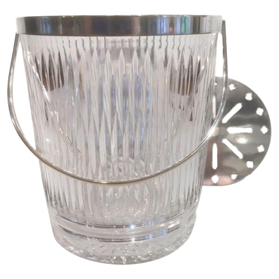 Vintage Cut Glass Ice Bucket of Pail-Form with Silver-Plate Rim and Handle
