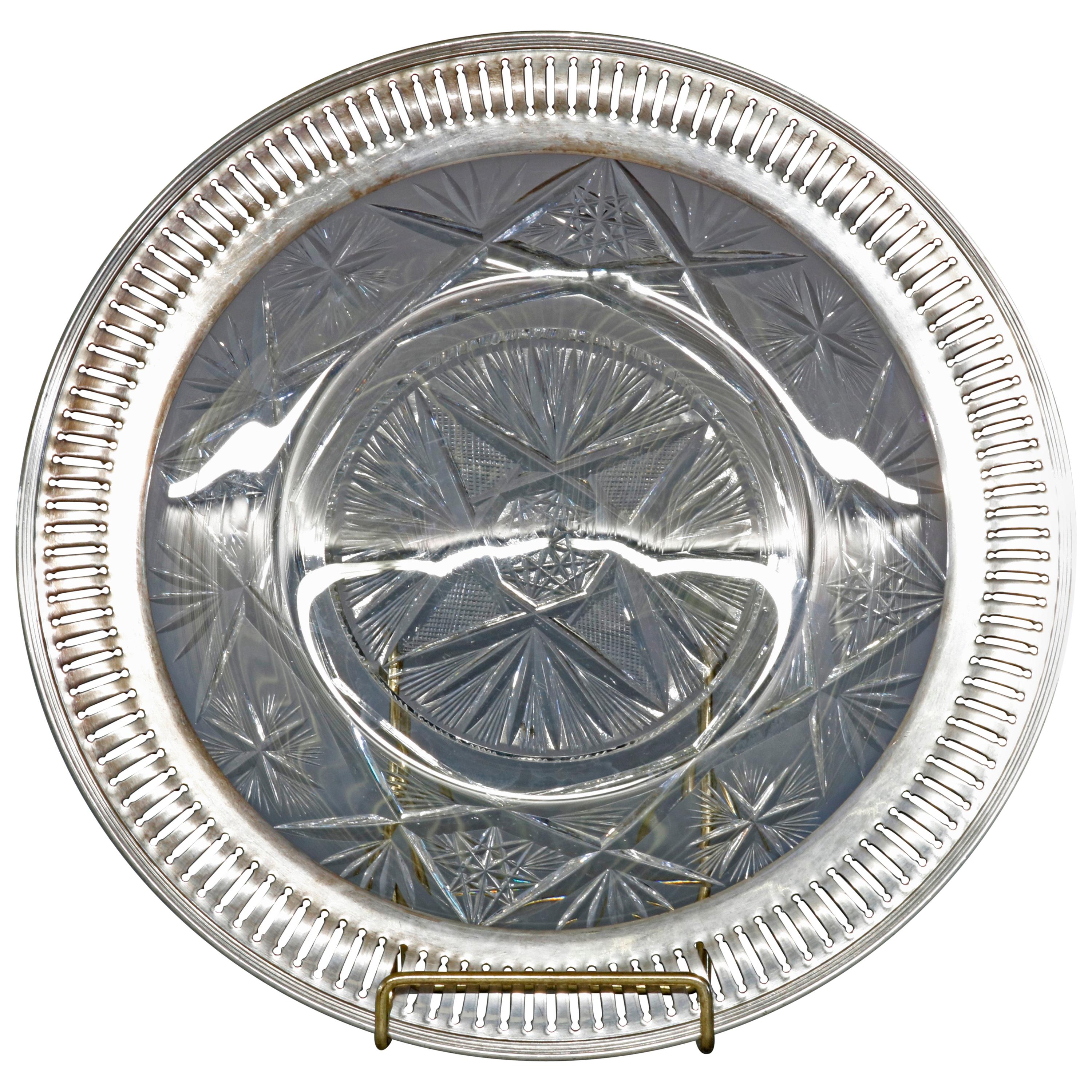 Vintage Cut Glass and Sterling Silver Serving Tray, circa 1940