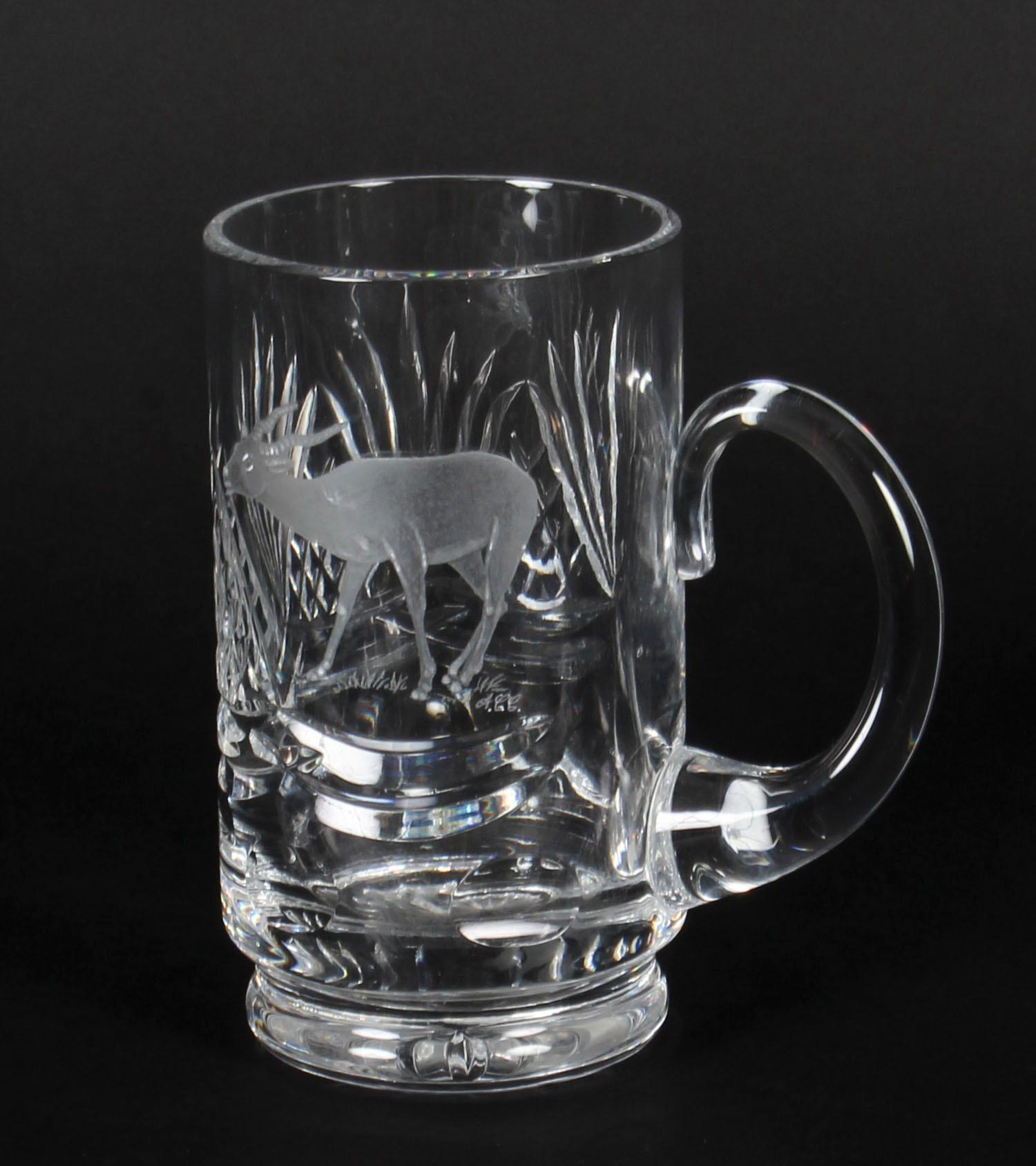 Vintage Cut Glass Tankard Engraved with Stag Signed ACC, Mid-20th Century In Good Condition For Sale In London, GB