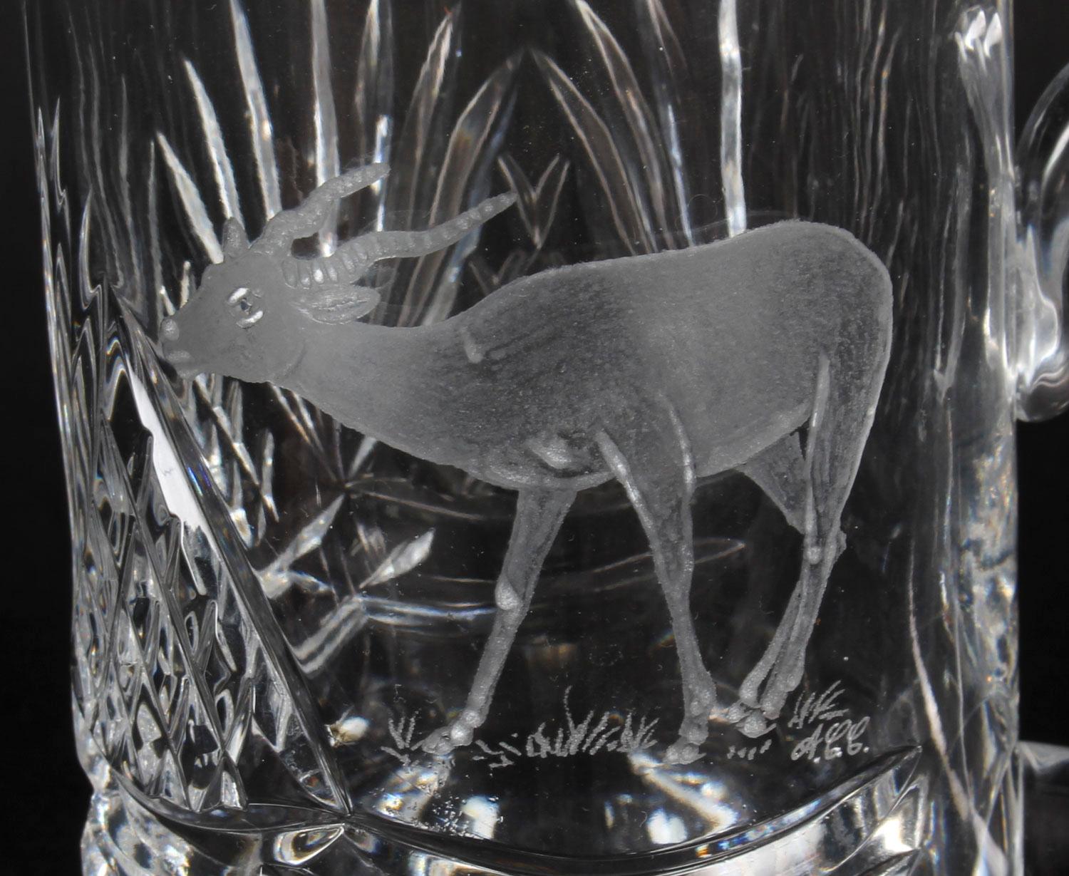 Vintage Cut Glass Tankard Engraved with Stag Signed ACC, Mid-20th Century For Sale 1