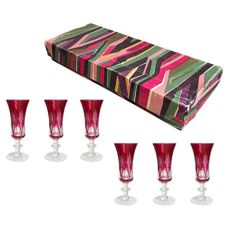 Vintage Cut to Clear Cranberry Cordial Glasses in Original Box Set of 6 - Italy For Sale