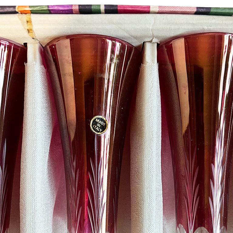 Italian Vintage Cut to Clear Cranberry Fluted Glasses in Original Box Set of 6 - Italy For Sale