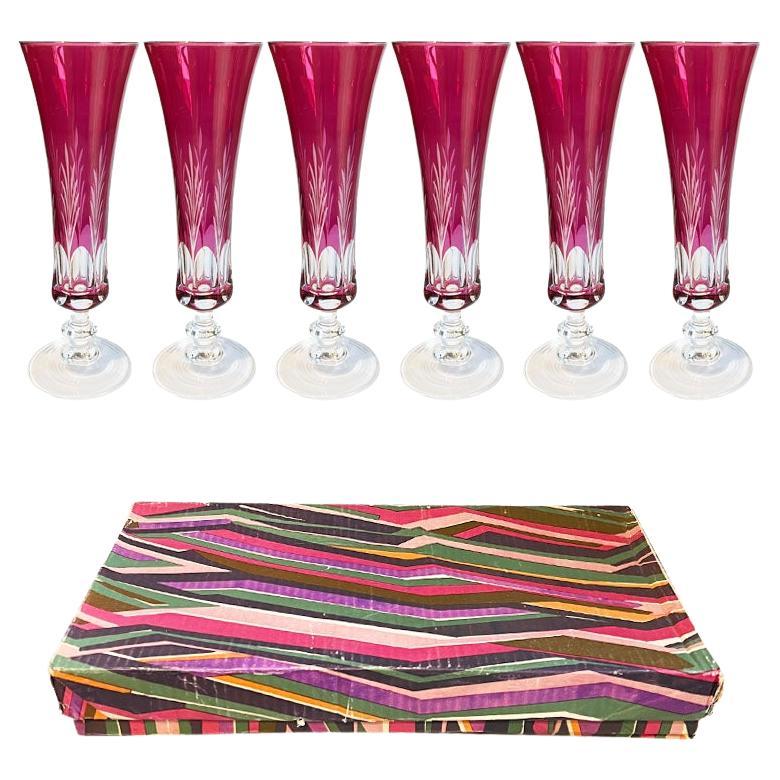 Vintage Cut to Clear Cranberry Fluted Glasses in Original Box Set of 6 - Italy For Sale