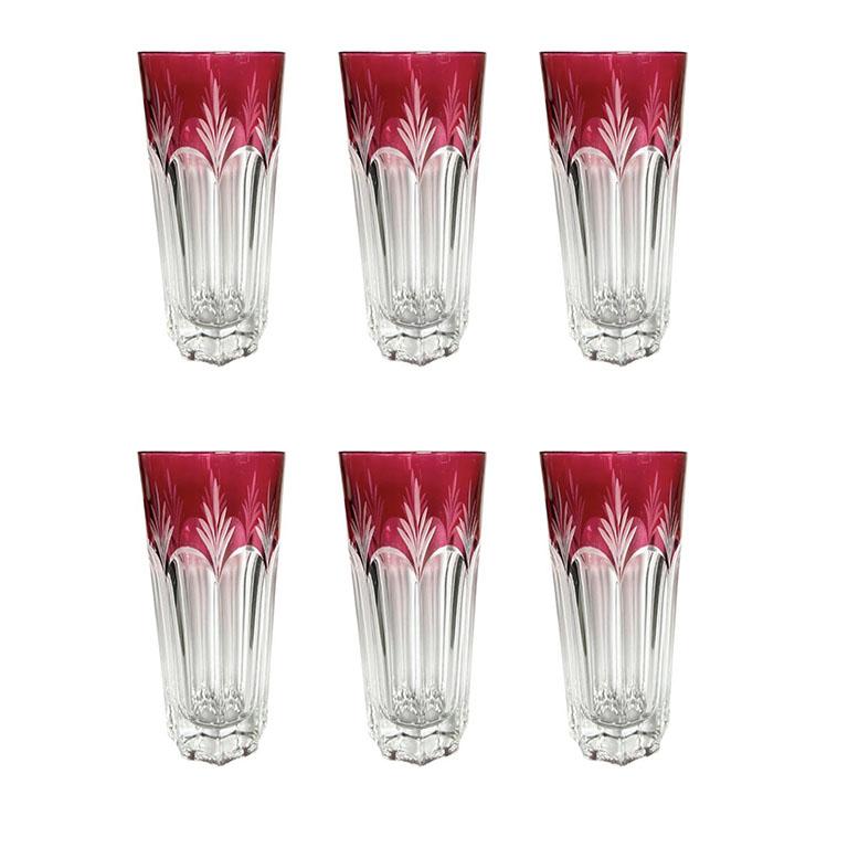 Mid-Century Modern Vintage Cut to Clear Cranberry Highball Glasses in Original Box Set of 6 - Italie en vente