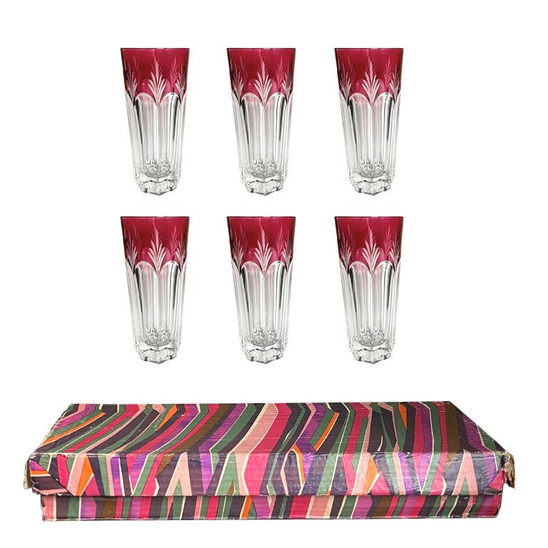 Vintage Cut to Clear Cranberry Highball Glasses in Original Box Set of 6 - Italy In Good Condition For Sale In Oklahoma City, OK