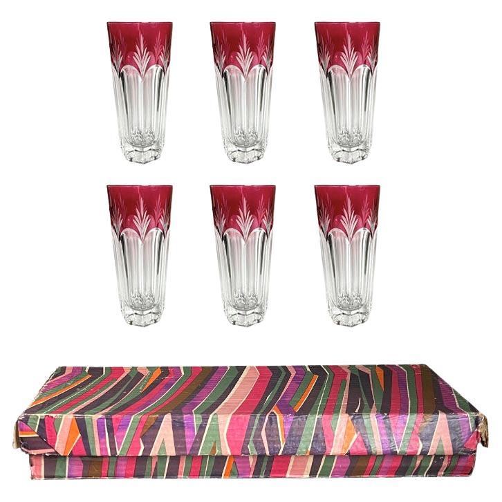 Vintage Cut to Clear Cranberry Highball Glasses in Original Box Set of 6 - Italie en vente