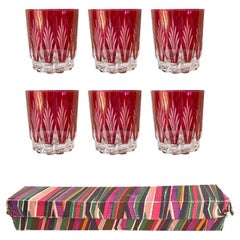 Retro Cut to Clear Cranberry Pink Rocks Glassware Set of 6 - Italy