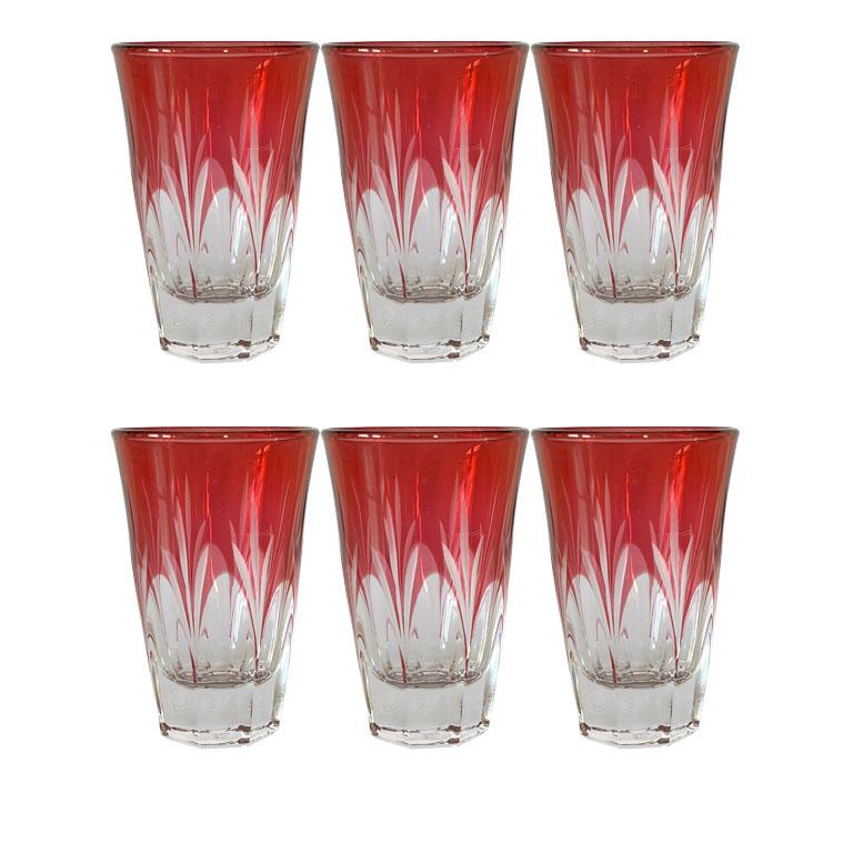 Mid-Century Modern Vintage Cut to Clear Cranberry Shot Glasses in Original Box Set of 6 - Italy For Sale