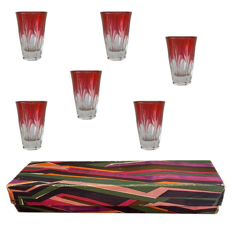 Italian Vintage Cut to Clear Cranberry Shot Glasses in Original Box Set of 6 - Italy For Sale